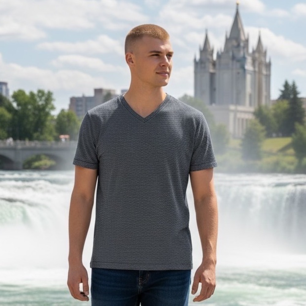 Theory Mens V-Neck T-Shirt Navy Blue White Micro Stripe‎ Short Sleeve Size S